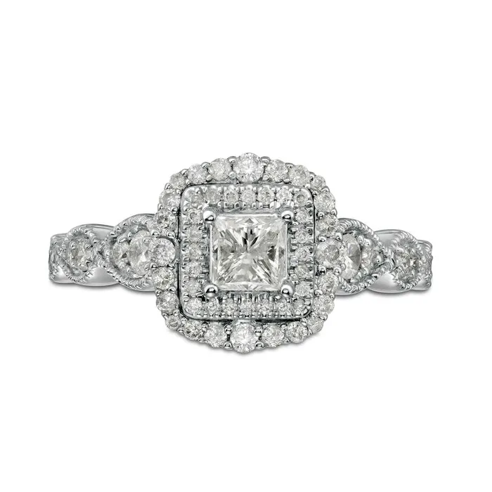 Goldia Rings 088 CT TW PrincessCut Natural Diamond Double Frame Art Deco Antique VintageStyle Engagement Ring in Solid 10K White Gold