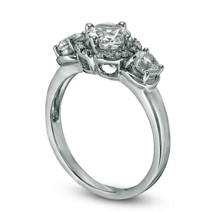 Goldia Rings LabCreated White Sapphire Three Stone Flower Frame Engagement Ring in Solid 10K White Gold Goldia Rings LabCreated White Sapphire Three Stone Flower Frame Engagement Ring in Solid 10K White Gold