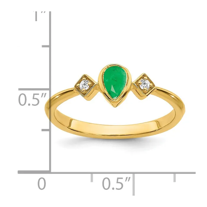 Goldia Rings Solid 14k Yellow Gold Pear Bezel Simulated Emerald and CZ Ring