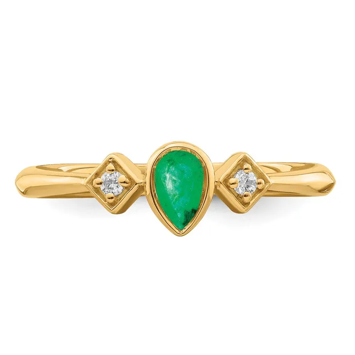 Goldia Rings Solid 14k Yellow Gold Pear Bezel Simulated Emerald and CZ Ring