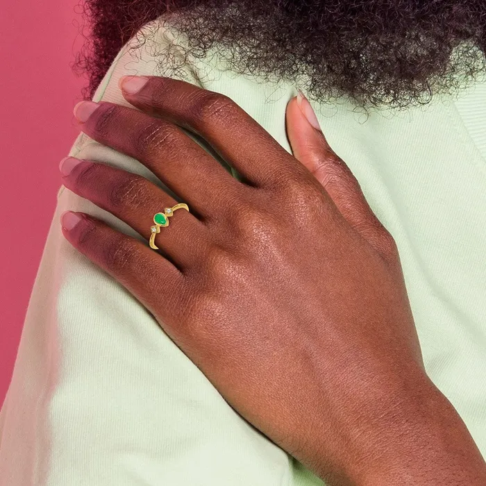 Goldia Rings Solid 14k Yellow Gold Pear Bezel Simulated Emerald and CZ Ring