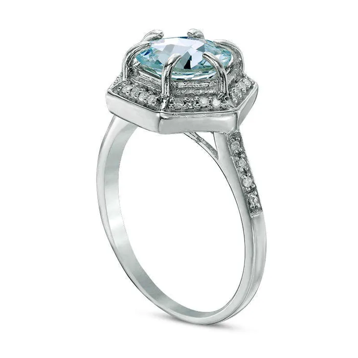 Rings Goldia 80mm Aquamarine and Natural Diamond Accent Hexagon Frame Ring in Solid 10K White Gold Rings Goldia 80mm Aquamarine and Natural Diamond Accent Hexagon Frame Ring in Solid 10K White Gold