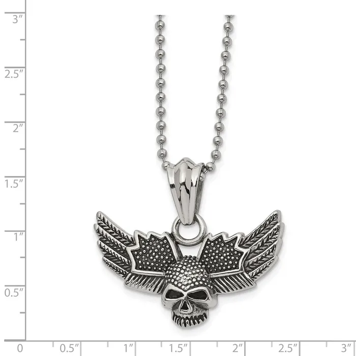 Stainless Steel Antiqued and Polished Skull wWings 22in Necklace TreasureFineJewelers Necklaces
