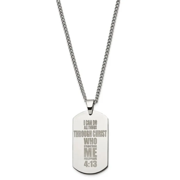 Stainless Steel Polished Lasered Philippians 413 Dog Tag 24in Necklace TreasureFineJewelers Necklaces