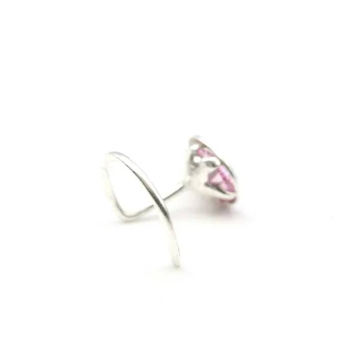 Real Silver Floral Nose Stud Pink Round CZ Corkscrew nose ring L Bend Karizma Jewels Rings