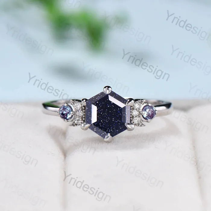 Rings PENFINE Celestial moon blue sandstone engagement ring hexagon cut Unique galaxy starry sky wedding ring vintage crescent moon Proposal Gifts Women