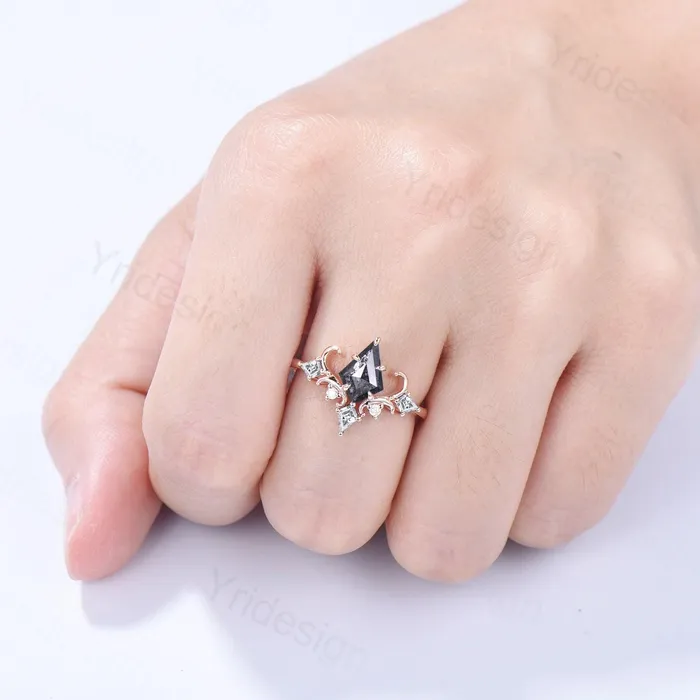 Rings Unique Kite Cut Salt And Pepper Diamond Engagement Ring Art Deco Air Fly Anniversary Ring Alternative Rose Gold Wedding Ring For Women PENFINE Rings Unique Kite Cut Salt And Pepper Diamond Engagement Ring Art Deco Air Fly Anniversary Ring Alternative Rose Gold Wedding Ring For Women PENFINE