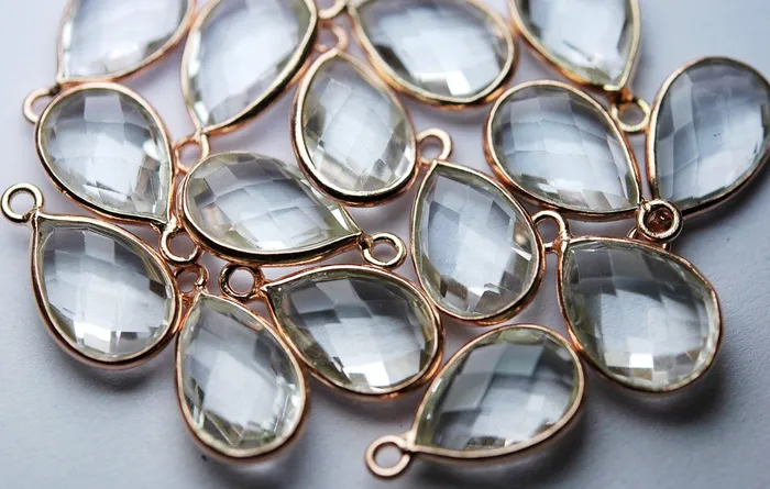 Beads Supplies USA Necklaces 925 Sterling Rose GoldRock Crystal Faceted Pear Shape Pendant 10 Piece Of 18mm