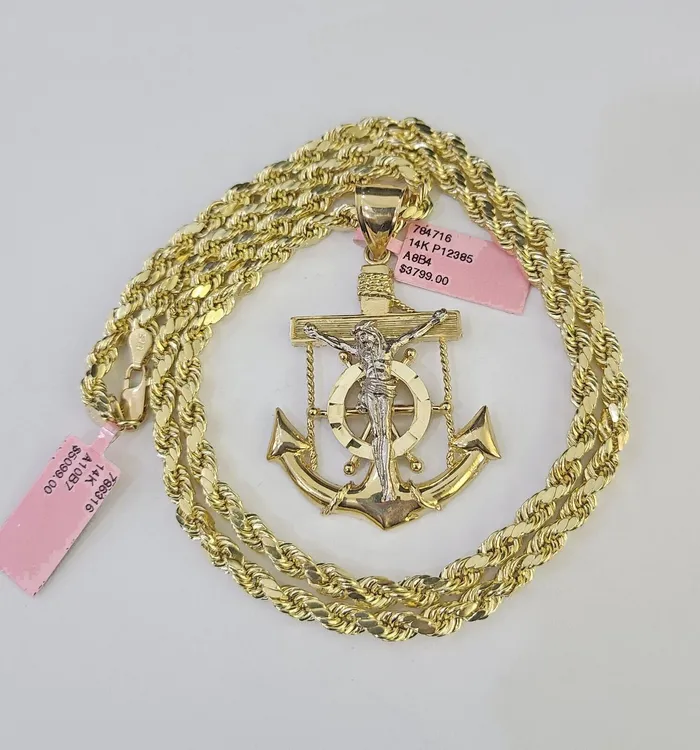Gold and Diamond Necklaces Real 14k Rope Chain Mayan Calendar Charm Yellow Gold Set 5mm 2030 Necklace