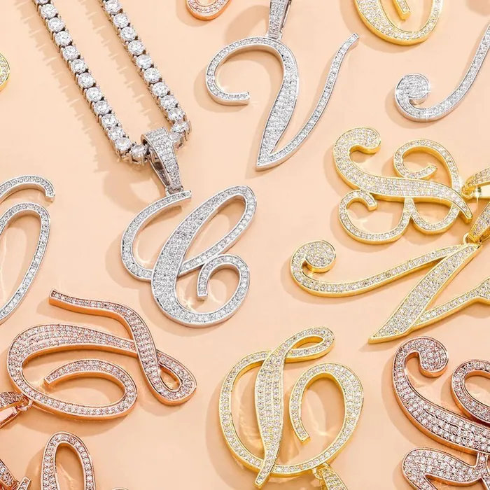 Necklaces YiWuJinAo Iced Out Cursive Letters Pendant Necklace