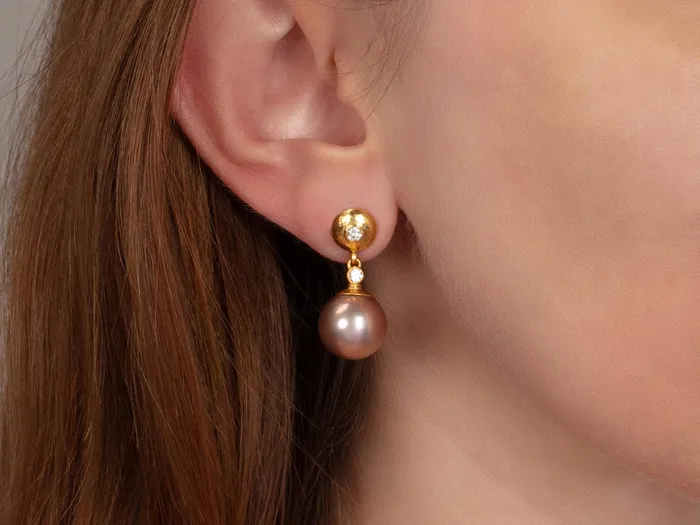 GURHAN Oyster Gold Pearl Single Drop Earrings 13mm Round on Post Top GG GOLD OOAK Earrings