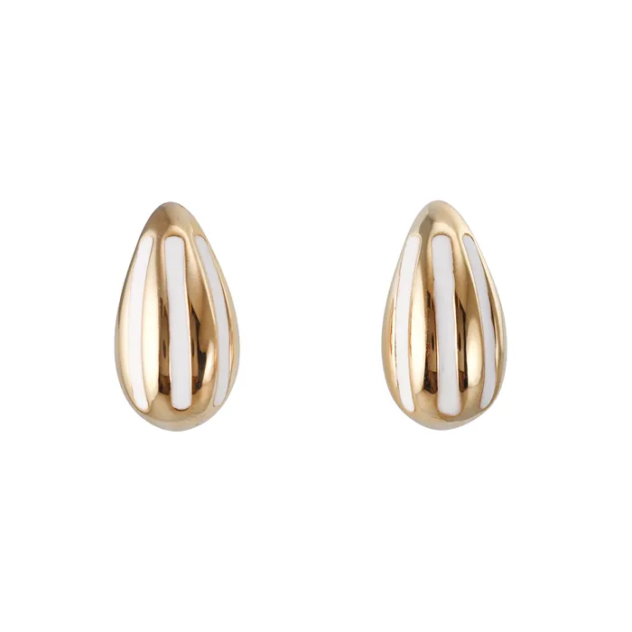Not Signed Earrings Yellow Gold White Stripe Enamel Medium Teardrop Earrings