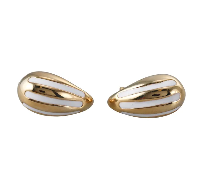 Not Signed Earrings Yellow Gold White Stripe Enamel Medium Teardrop Earrings