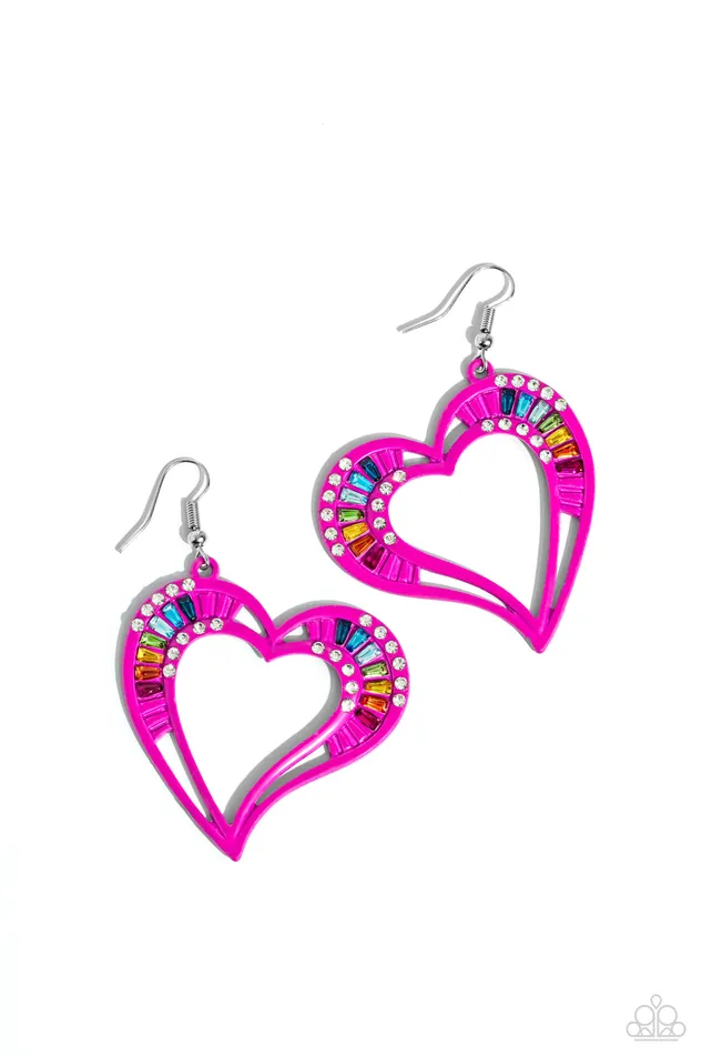 Paparazzi Accessories Earrings Embellished Emeralds Pink Heart Earrings Jewelry by Bretta