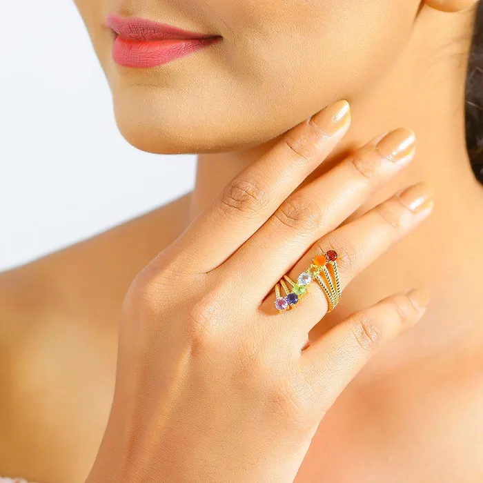 Chakra Stone Solid 925 Sterling Silver Gold Plated Bypass Ring YoTreasure Rings