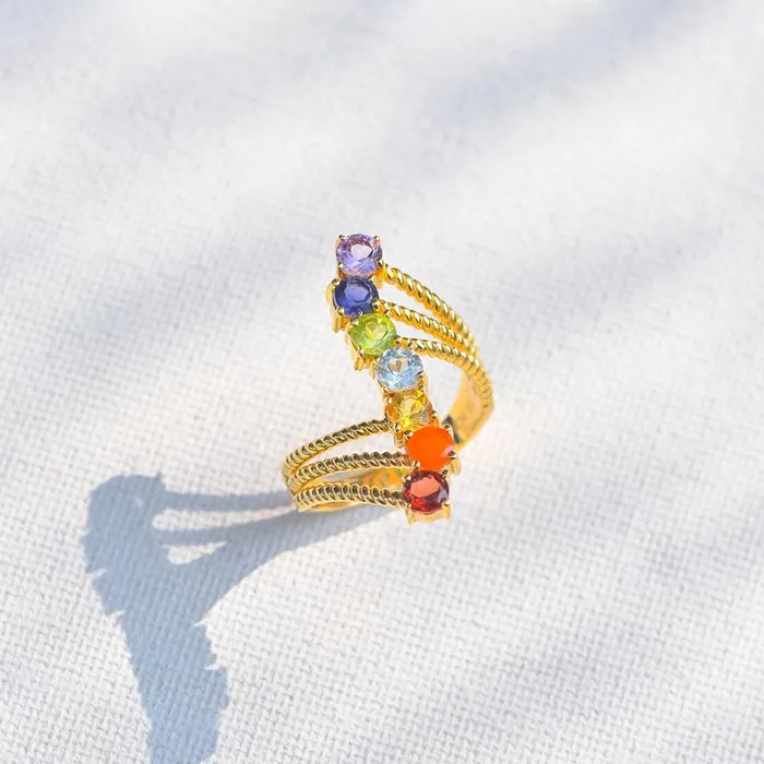 Chakra Stone Solid 925 Sterling Silver Gold Plated Bypass Ring YoTreasure Rings