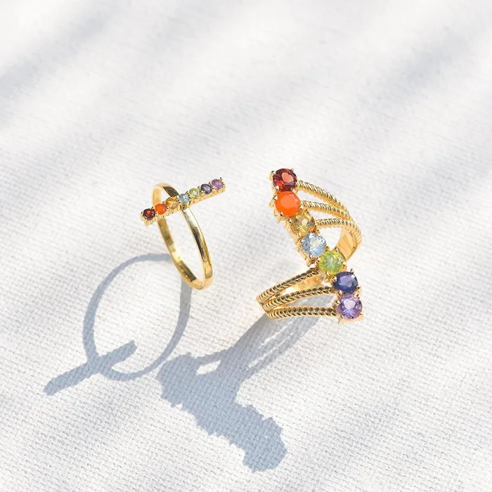 Chakra Stone Solid 925 Sterling Silver Gold Plated Bypass Ring YoTreasure Rings