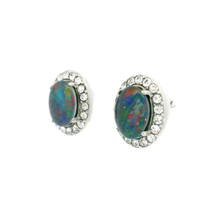 Earrings 0 Australian Opal 9 x 7 mm Triplet Earrings Set in Stainless Steel Multicolour