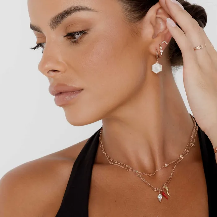 Earrings Camile Stone Hexagon Mother Of Pearl Huggie Earrings