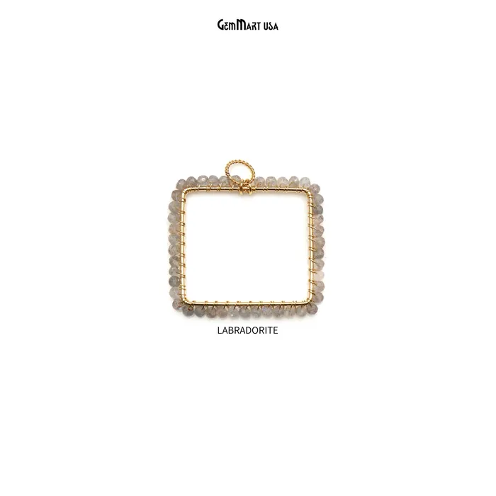 GemMartUSA Earrings Beads Square Hoops 34x32mm Gold Wire Wrapped Gemstone Beads Earrings Connector