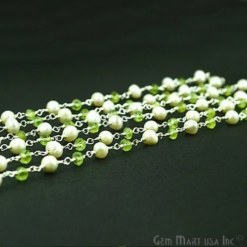 GemMartUSA Necklaces Peridot With Pearl Silver Plated Wire Wrapped Beads Rosary Chain