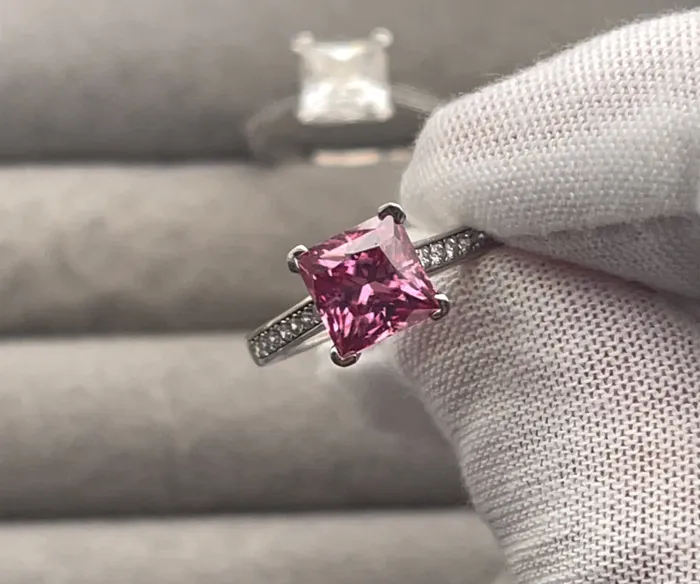 Lab Diamonds London Pink Princess Cut Moissanite Diamond Ring Womens Pink Wedding Ring Rings