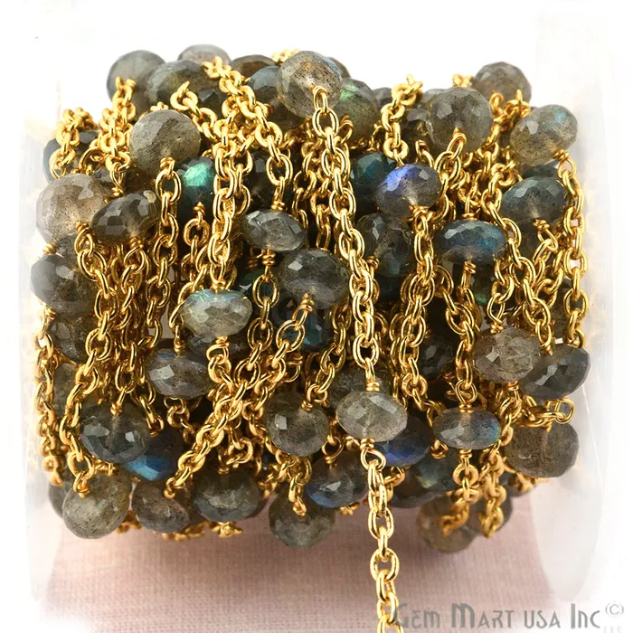 Labradorite Rondelle 78mm Gold Plated Wire Wrapped Beads Rosary Chain GemmartUSA PreStyled Sets
