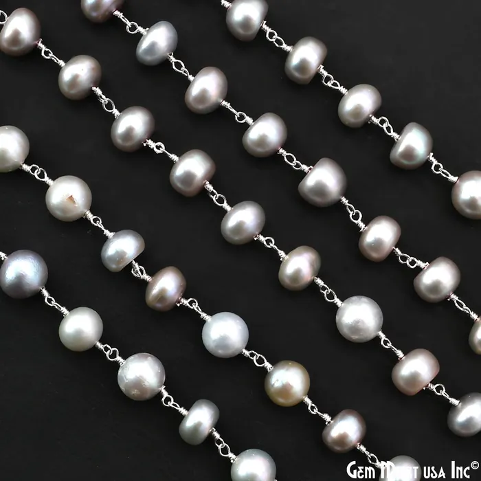 Necklaces GemMartUSA Gray Pearl Cabochon Beads 89mm Silver Plated Gemstone Rosary Chain Necklaces GemMartUSA Gray Pearl Cabochon Beads 89mm Silver Plated Gemstone Rosary Chain