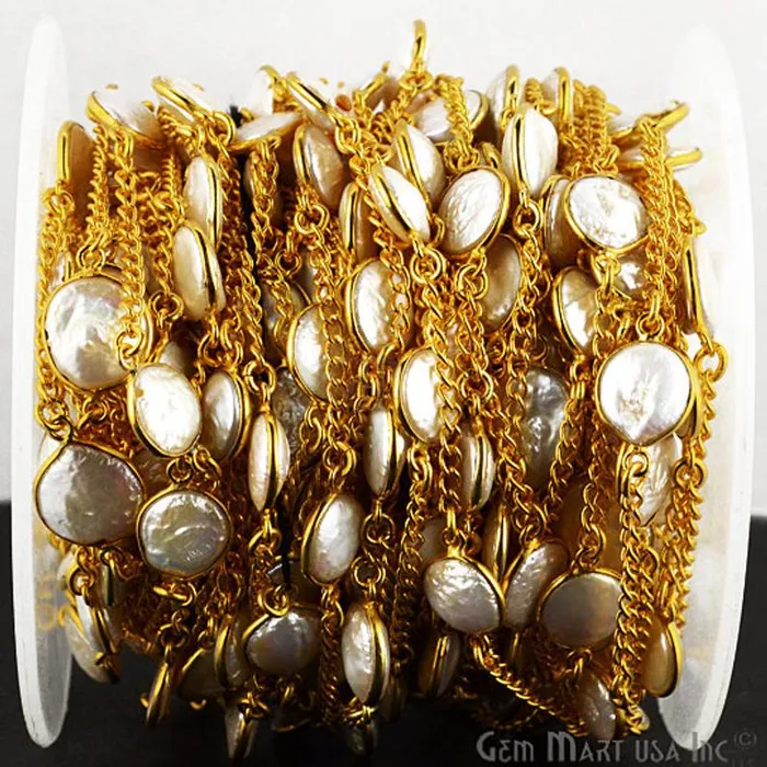 Necklaces GemMartUSA Pearl Round 10x12mm Gold Plated Bezel Connector Chain