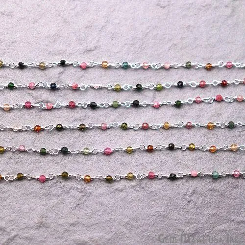 Necklaces Multi Tourmaline Gemstone Beaded Silver Plated Wire Wrapped Rosary Chain GemMartUSA