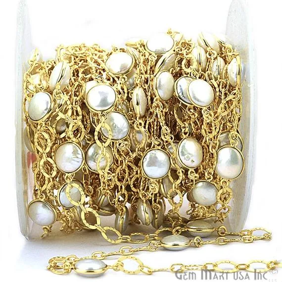Necklaces Pearl 10mm Round Gold Plated Bezel Connector Chain GemMartUSA