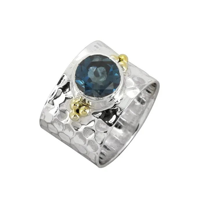 Rings YoTreasure London Blue Topaz Solid 925 Sterling Silver Hammered Ring Jewelry