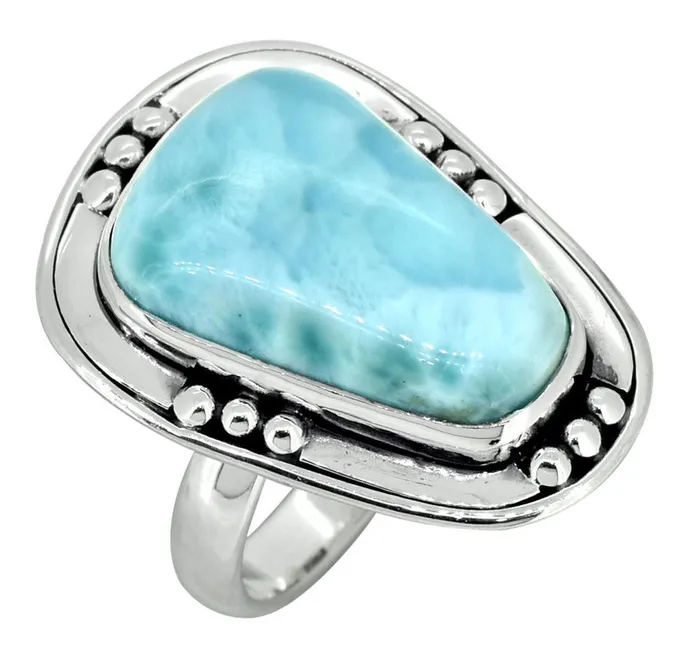 YoTreasure Rings Natural Larimar Solid 925 Sterling Silver Ring Jewelry